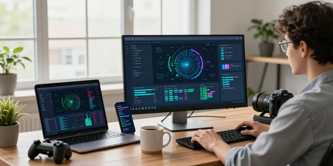 A professional using 快连 network acceleration app in a modern tech workspace, showcasing data metrics and vibrant interface.