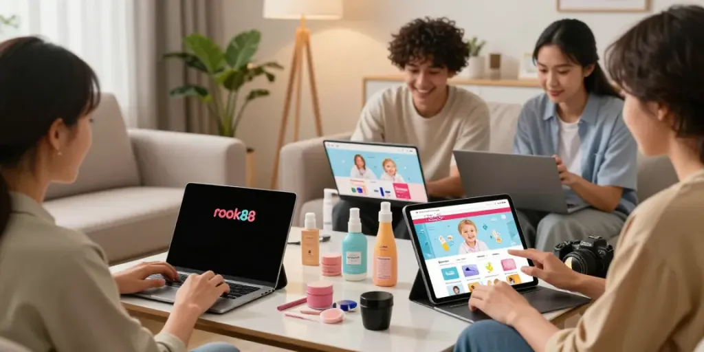 Customers engaging with rokok88 products in a cozy online shopping scene
