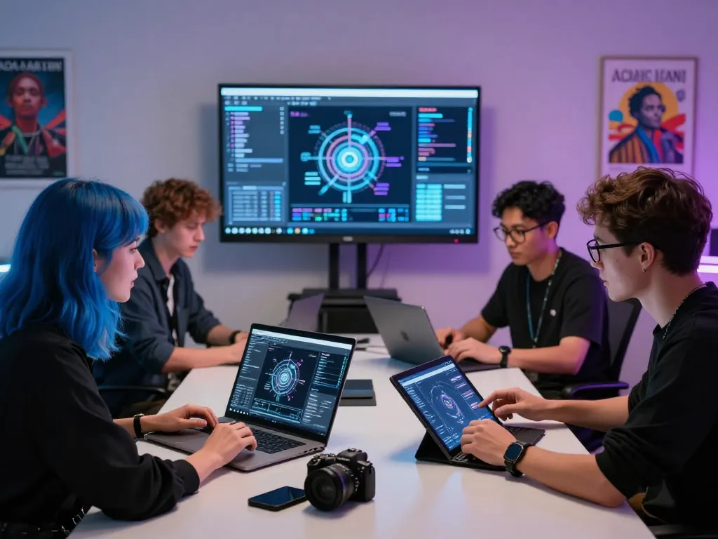 Artists collaborating on AI porn content in a creative studio environment, showcasing vibrant digital designs and innovative technology.