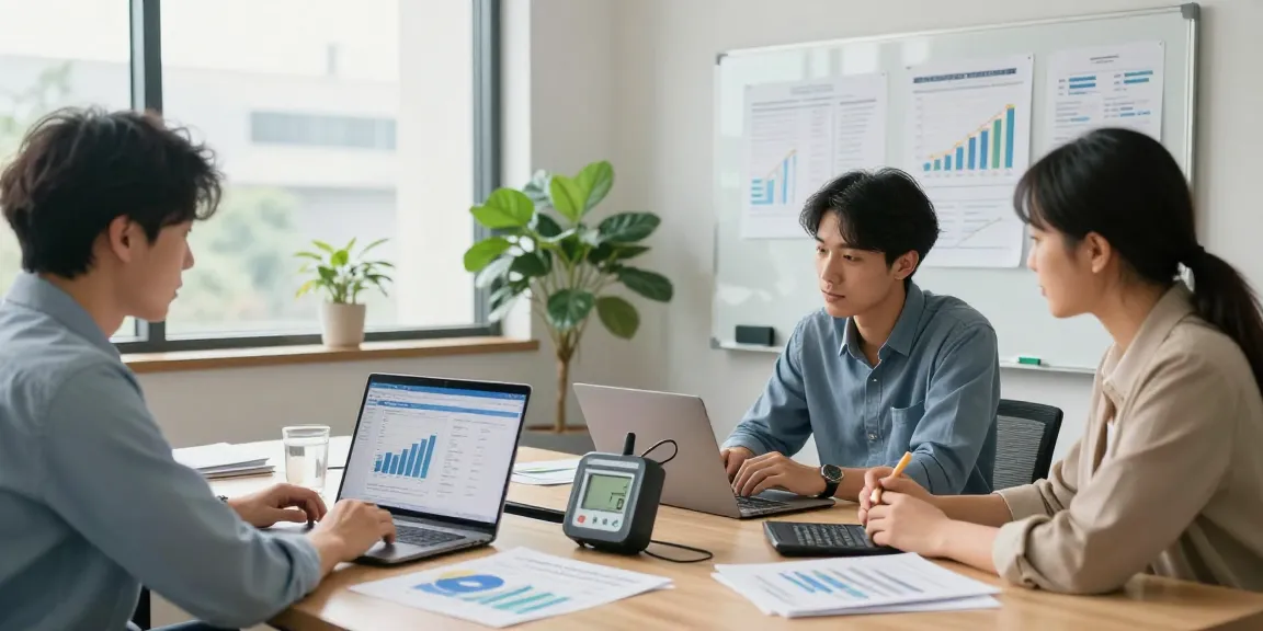 Team of energy analysts discussing business electricity half hourly meter strategies in a modern office.