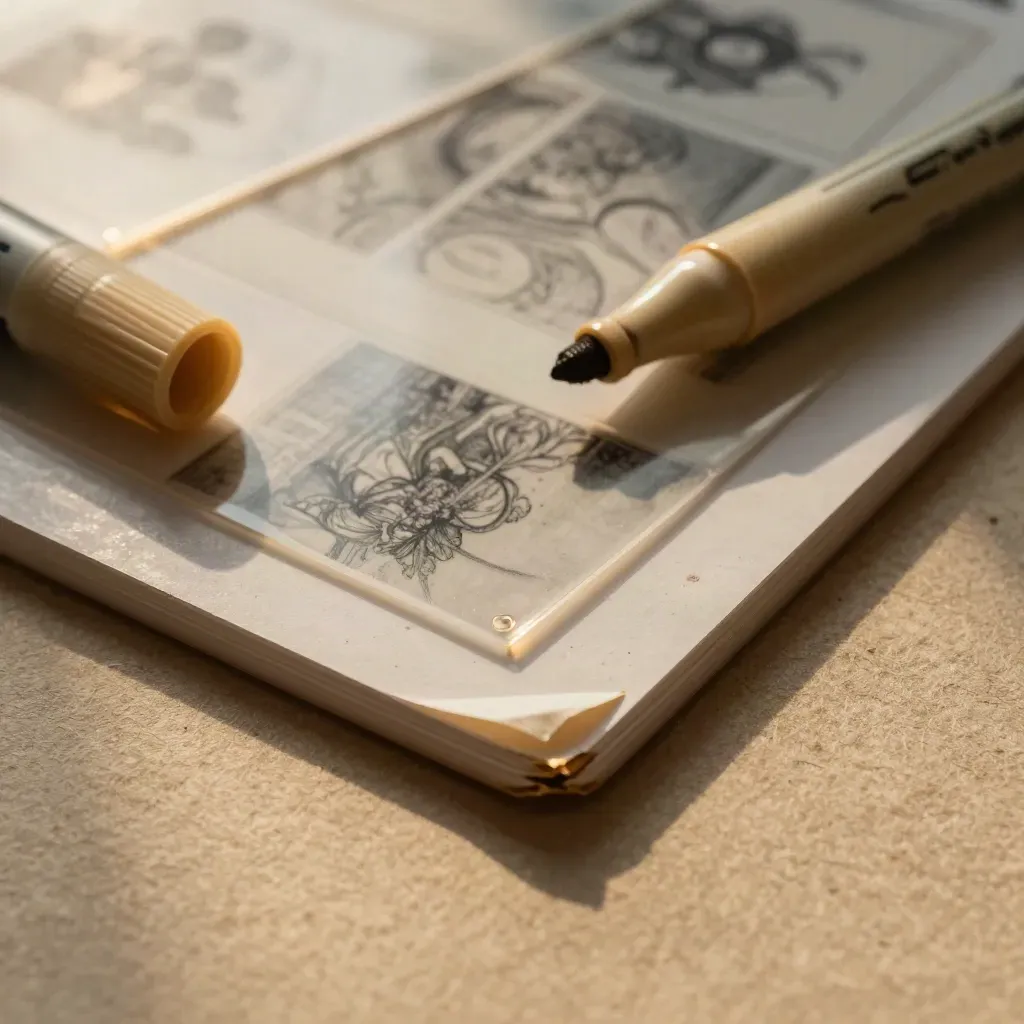 Detail akrylové fólie, storyboardových klipů, fixy a rohu proof boardu.